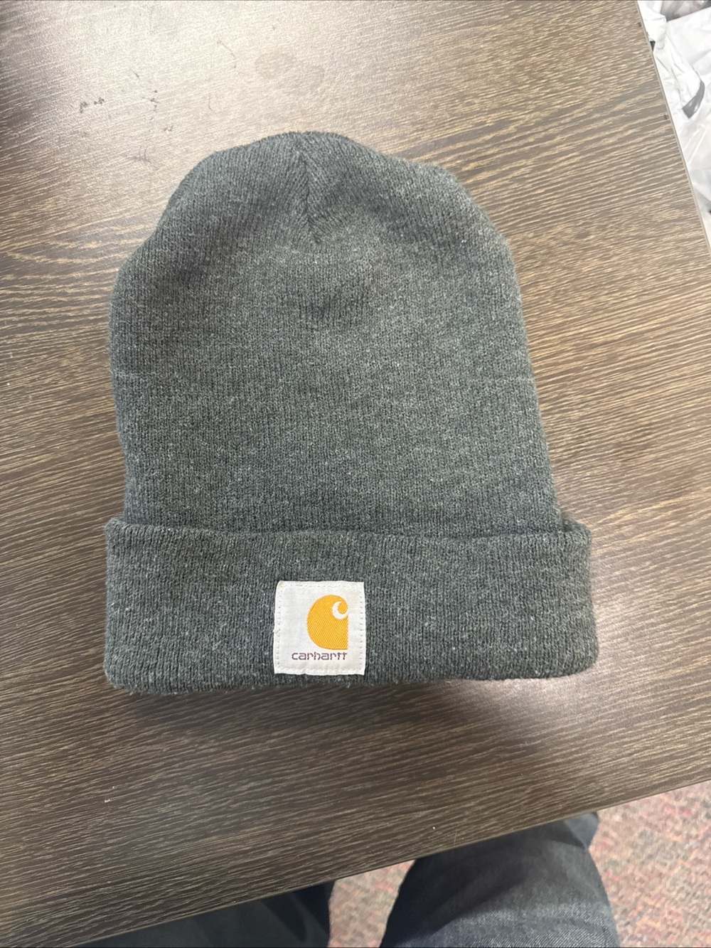 Carhartt Gray Knit Cuffed Beanie with Yellow Logo Patch